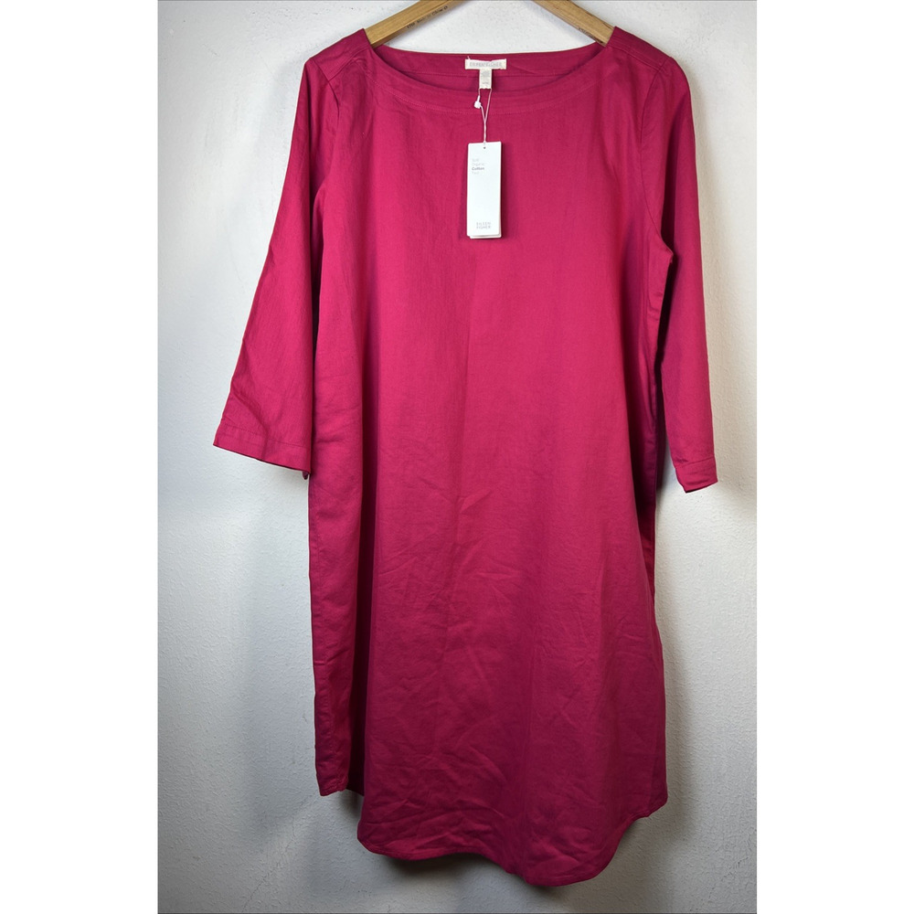Eileen Fisher Women Medium M pink Organic Cotton Boat Neck Shift Midi Dress NWOT